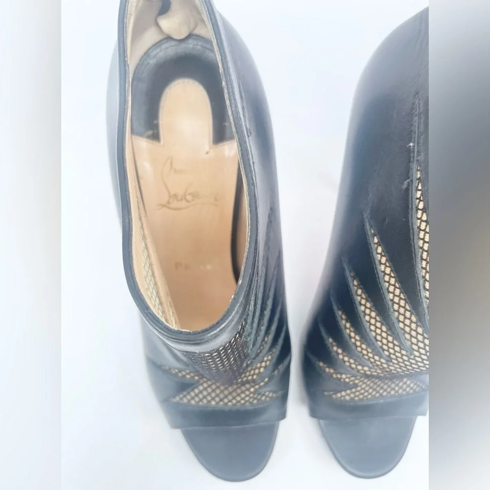 Christian Louboutin Black leather & Mesh peep toe Disorder booties 120mm EU 38